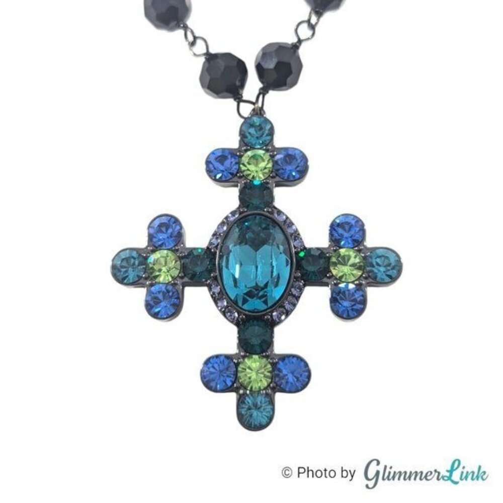 Akkad Blue & Green Sparkling Cross Black Faceted Glass Beads Necklace